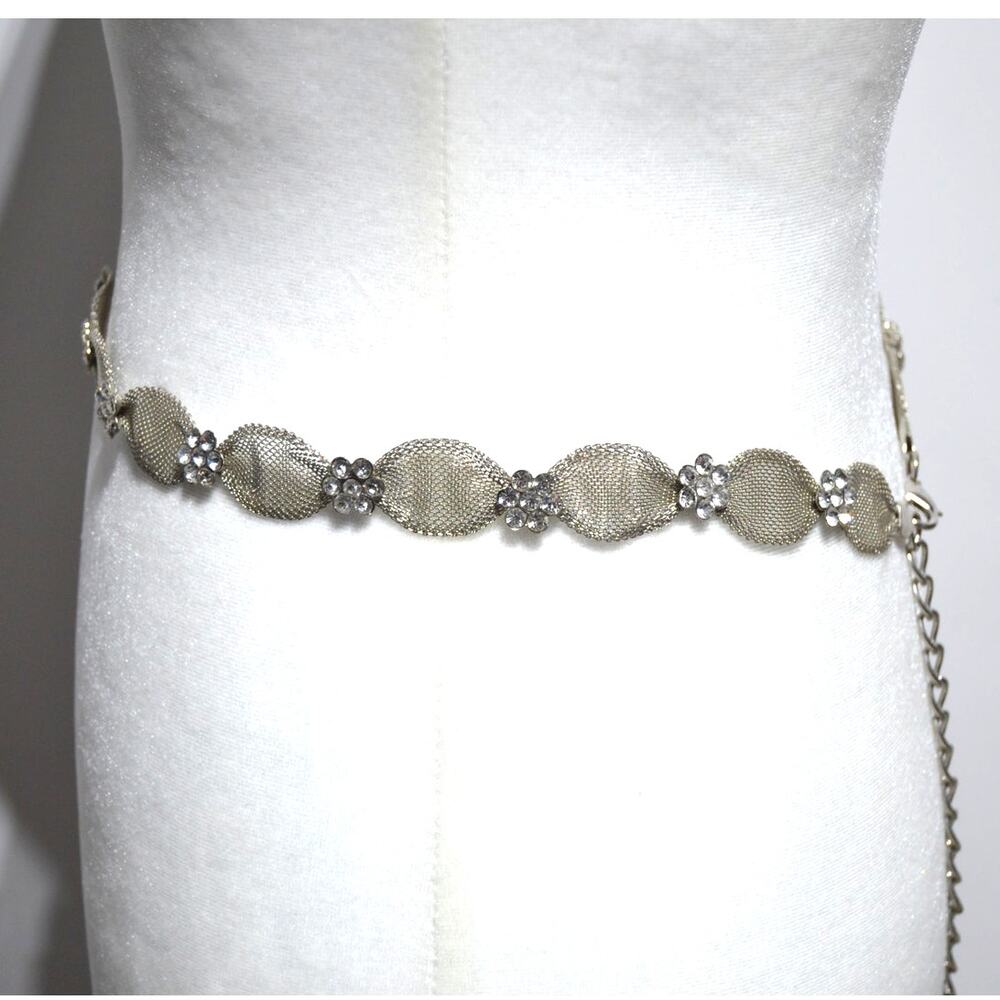 Silver Mesh Metal & Rhinestone Floral Belt Bridal - Picture 8 of 9